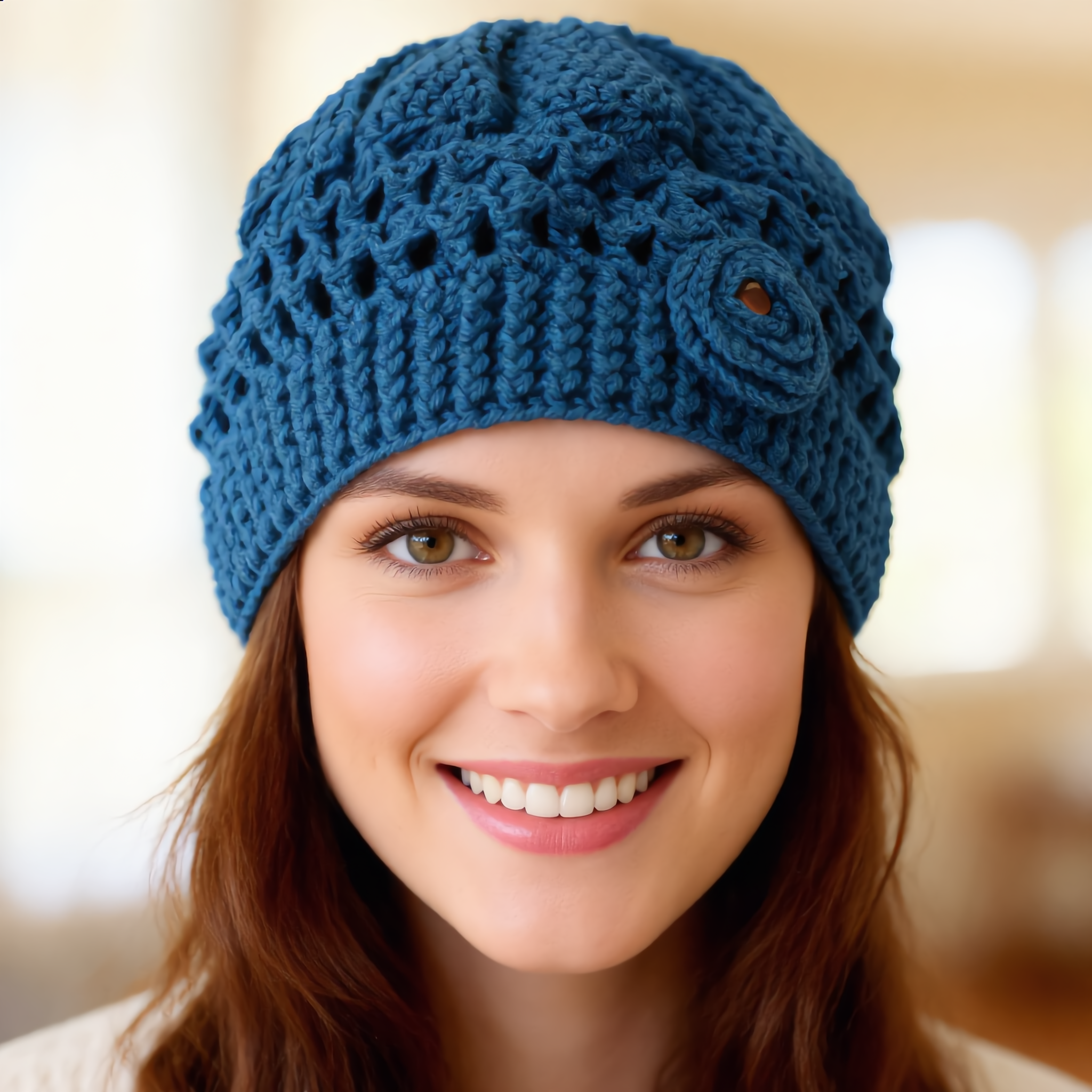 Close up of Azure Bloom crochet beanie handmade blue crochet hat with decorative flower