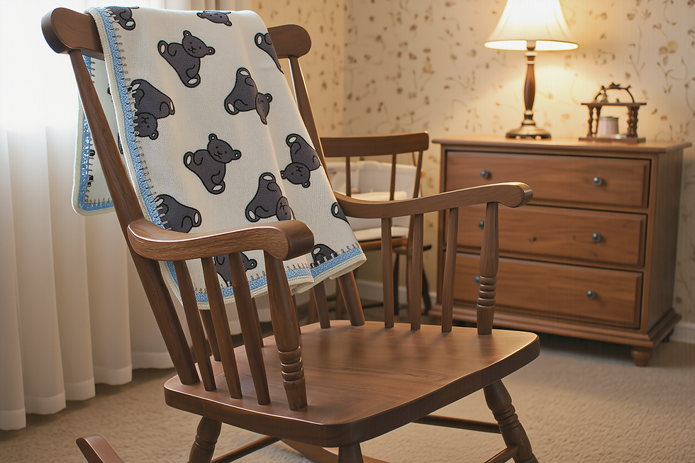 Midnight Bear polar fleece baby blanket with hand-crocheted border on wooden rocking chair