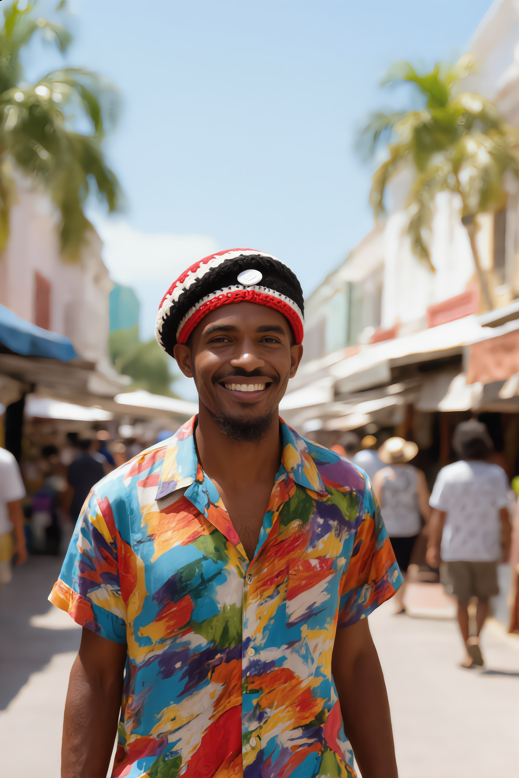 Man wearing Island Rhythm Crochet Crown handmade rasta crochet hat in red, black and white on a sunny island street.