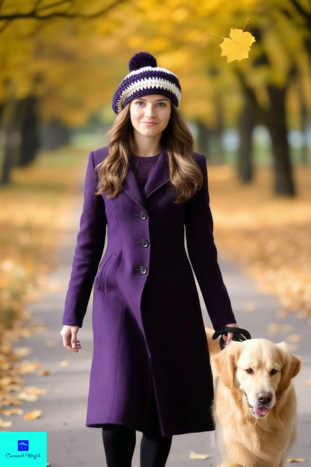 Video of Woman wearing Moonberry crochet beret purple striped crochet hat walking dog in autumn park