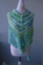 Handmade Drift & Dream Poncho for a 6-year-old child, lightweight crochet poncho with tassel ties in blue, green and white gr