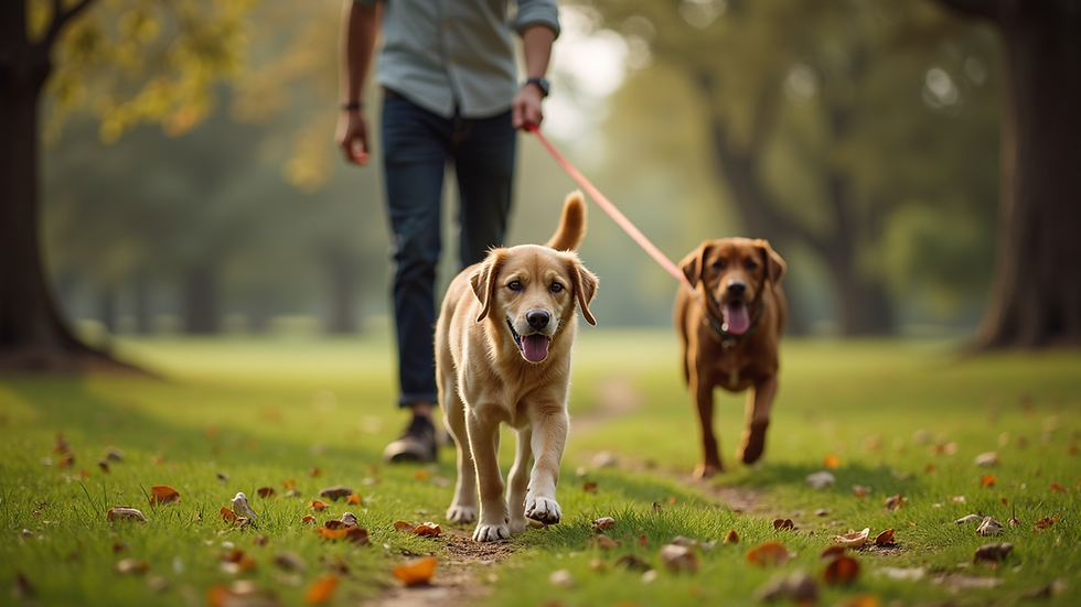 Eye-level view of a dog and owner walking calmly on a leash in a Savannah park