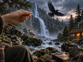 A hand holds a silver raven pendulum beside a rushing mountain river and towering waterfall as a black raven flies overhead. A small, warmly lit stone cottage with a thatched roof sits among the pine trees nearby.