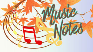 Music notes circling through fall leaves of yellow and orange.