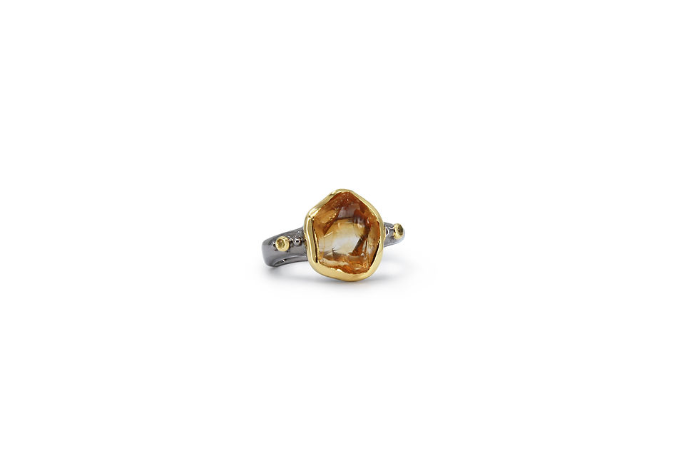 Side Angle Sterling Silver Ring with 22k Yellow Gold Vermeil, Grey Ruthenium, Yellow Sapphires and Citrine