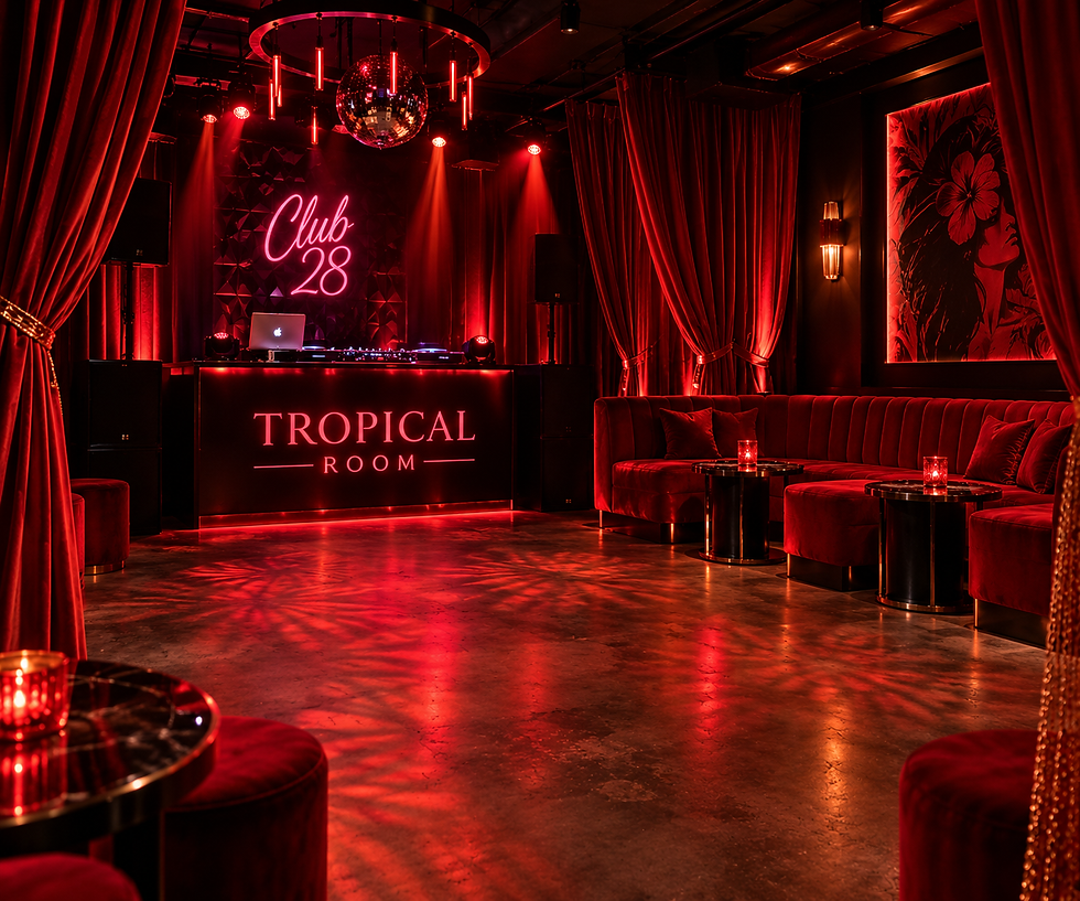 Club 28 Tropical Room featuring warm lighting, lounge seating, and a dance floor for Latin music.