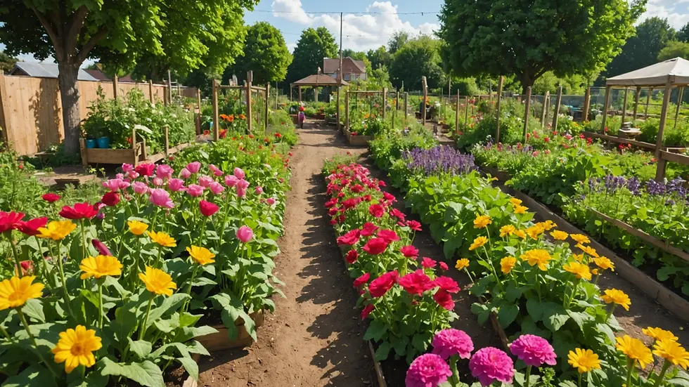 Eye-level view of a vibrant community garden filled with flowers and plants