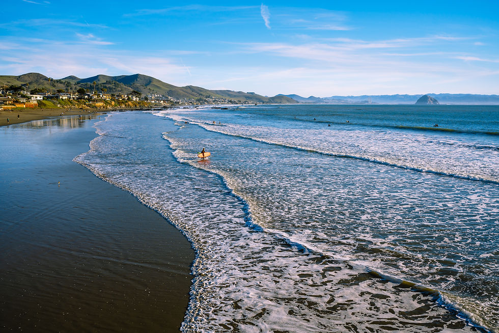 Long sandy beach with rolling surf and Morro Rock in the distance