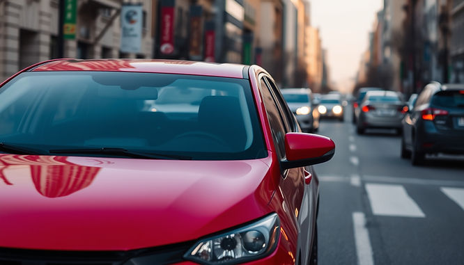 High angle view of a parked rental car on a city street