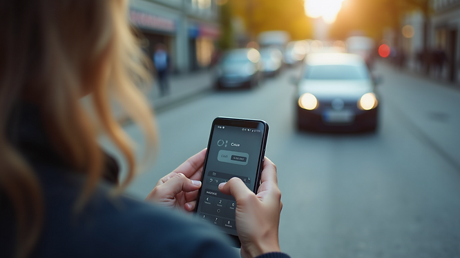 Person using a smartphone to make a call on a street with traffic; the screen shows a contact name and digits. The setting is urban at sunset. Person using a smartphone to make a call on a street with traffic; the screen shows a contact name and digits. The setting is urban at sunset.