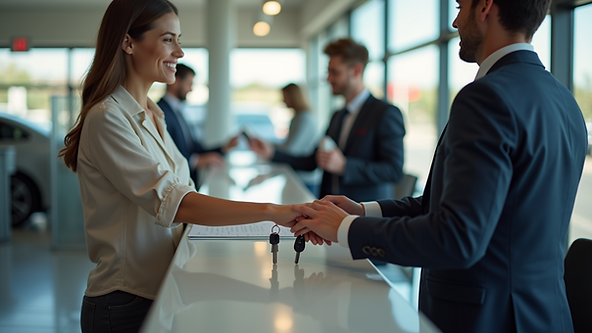 Woman and man in a car dealership shake hands over a counter, exchanging keys. Both smile. Bright, modern interior in the background.