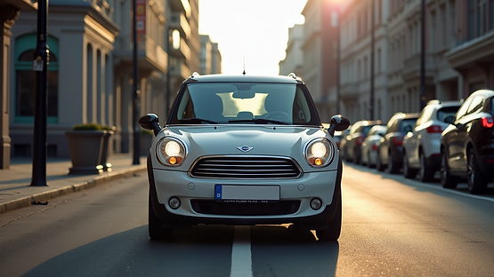 Eye-level view of a compact car parked on a city street