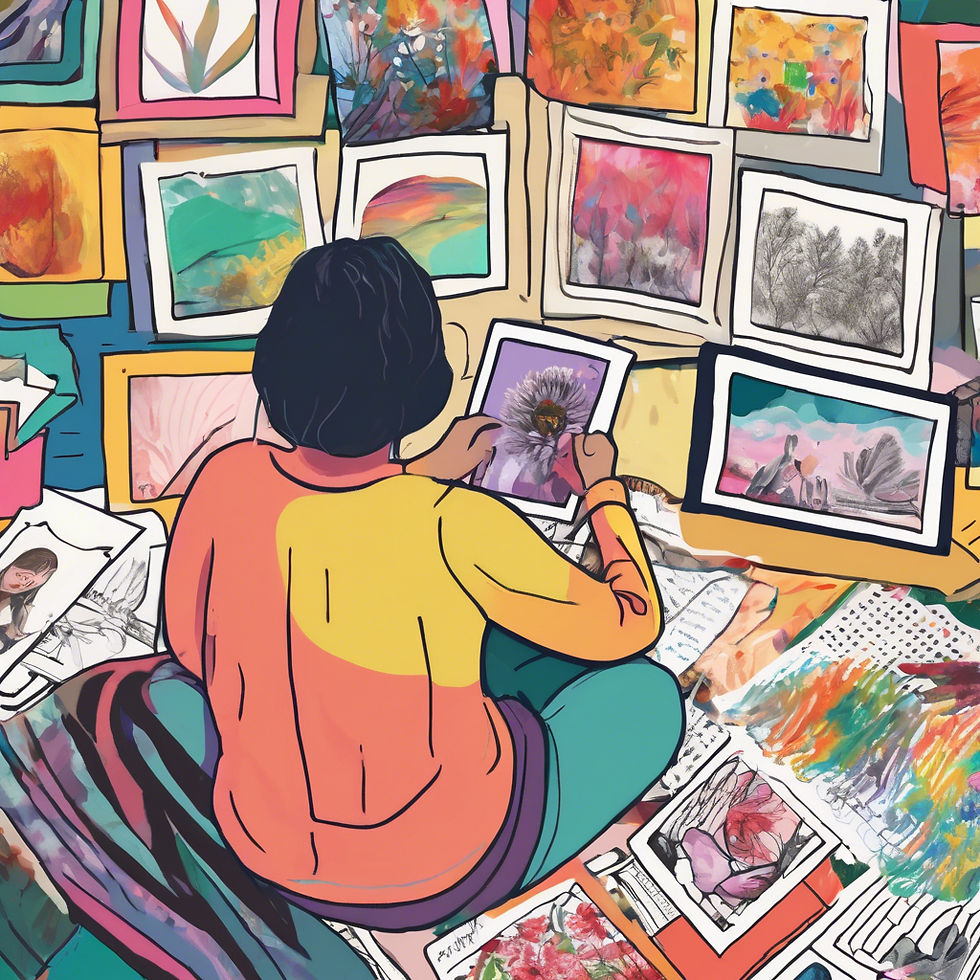 A person in a colorful shirt sits on floor, surrounded by vibrant paintings and sketches, examining a floral artwork. Art therapy and chronic illness.