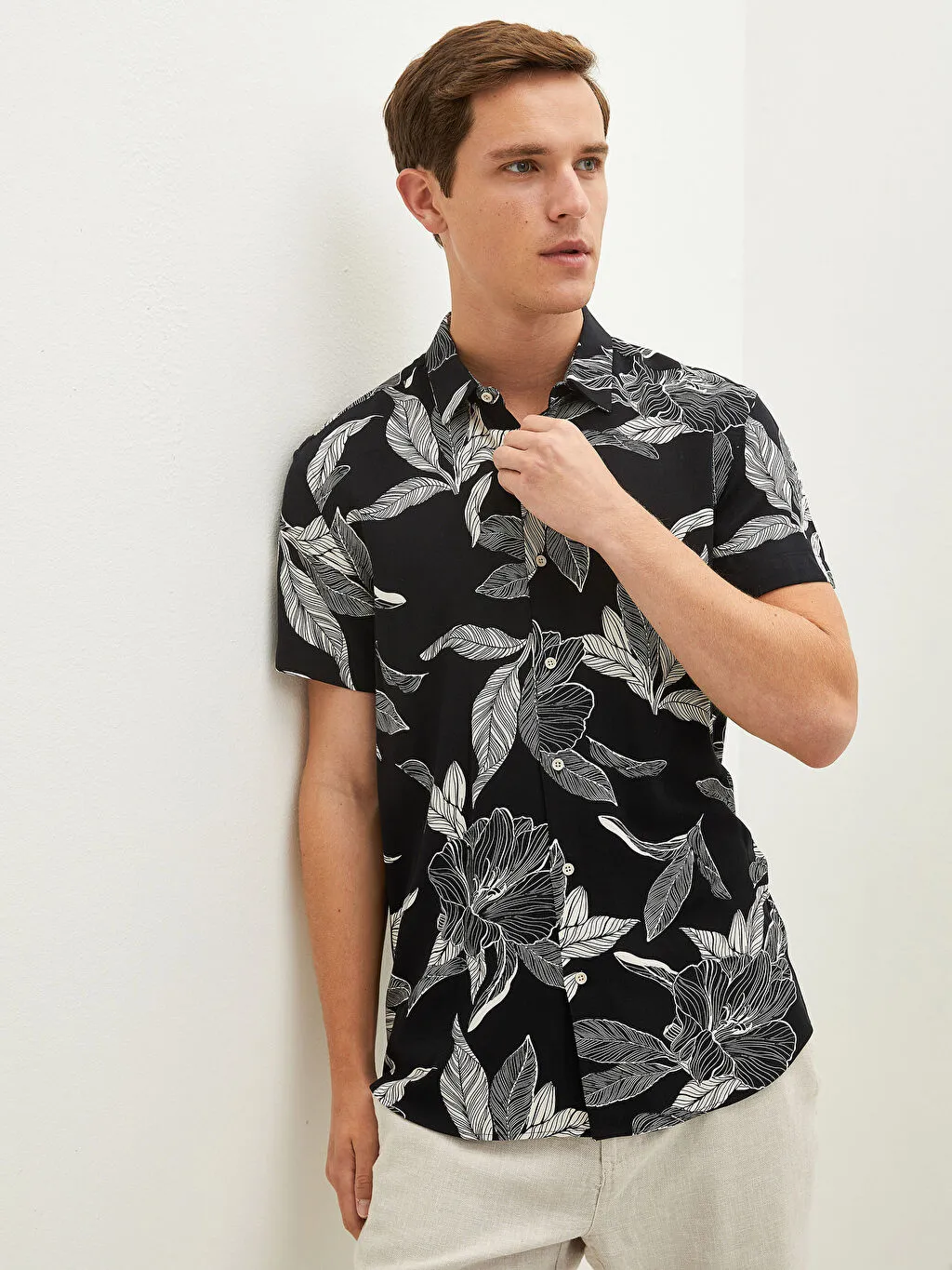 Slim Fit Short Sleeve Patterned Viscose Men's Shirt