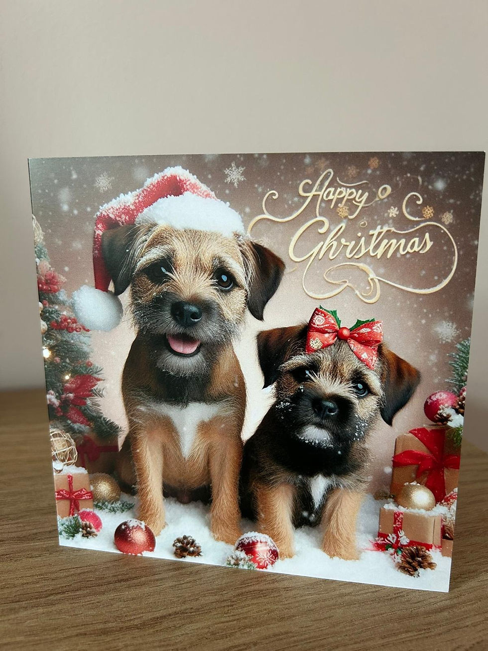 Border Terrier & Puppy Christmas Card