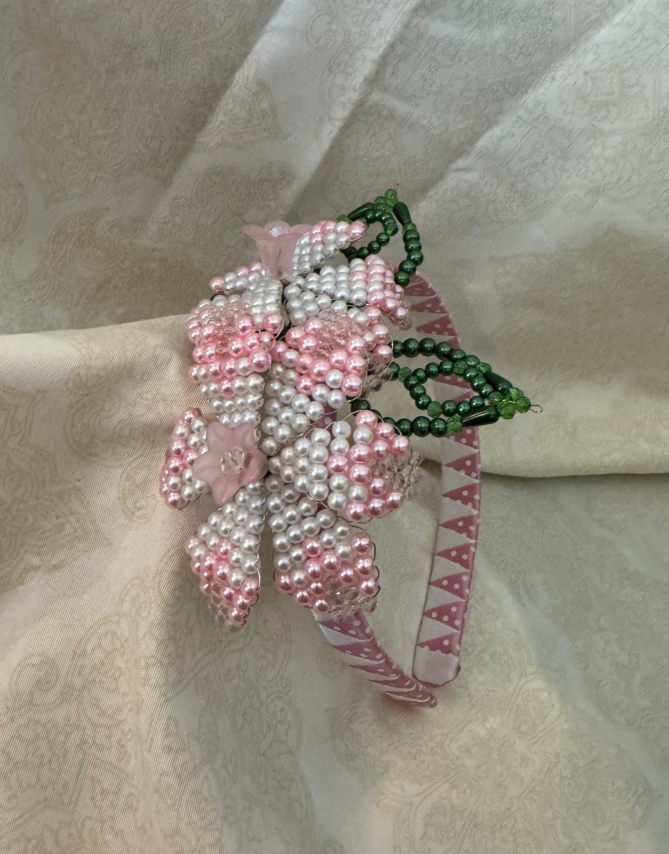 A pink & white multi flower headband / vincha with beads & crystals