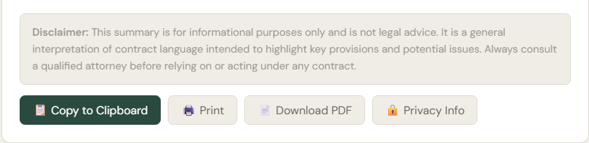 Disclaimer about AI contract analysis: This summary is for informational purposes only and is not legal advice. It is a general interpretation of contract language intended to highlight key provisions and potential issues. Always consult a qualified attorney before relying on or acting under any contract. Action buttons: Copy to Clipboard, Print, Download PDF, Privacy Info.