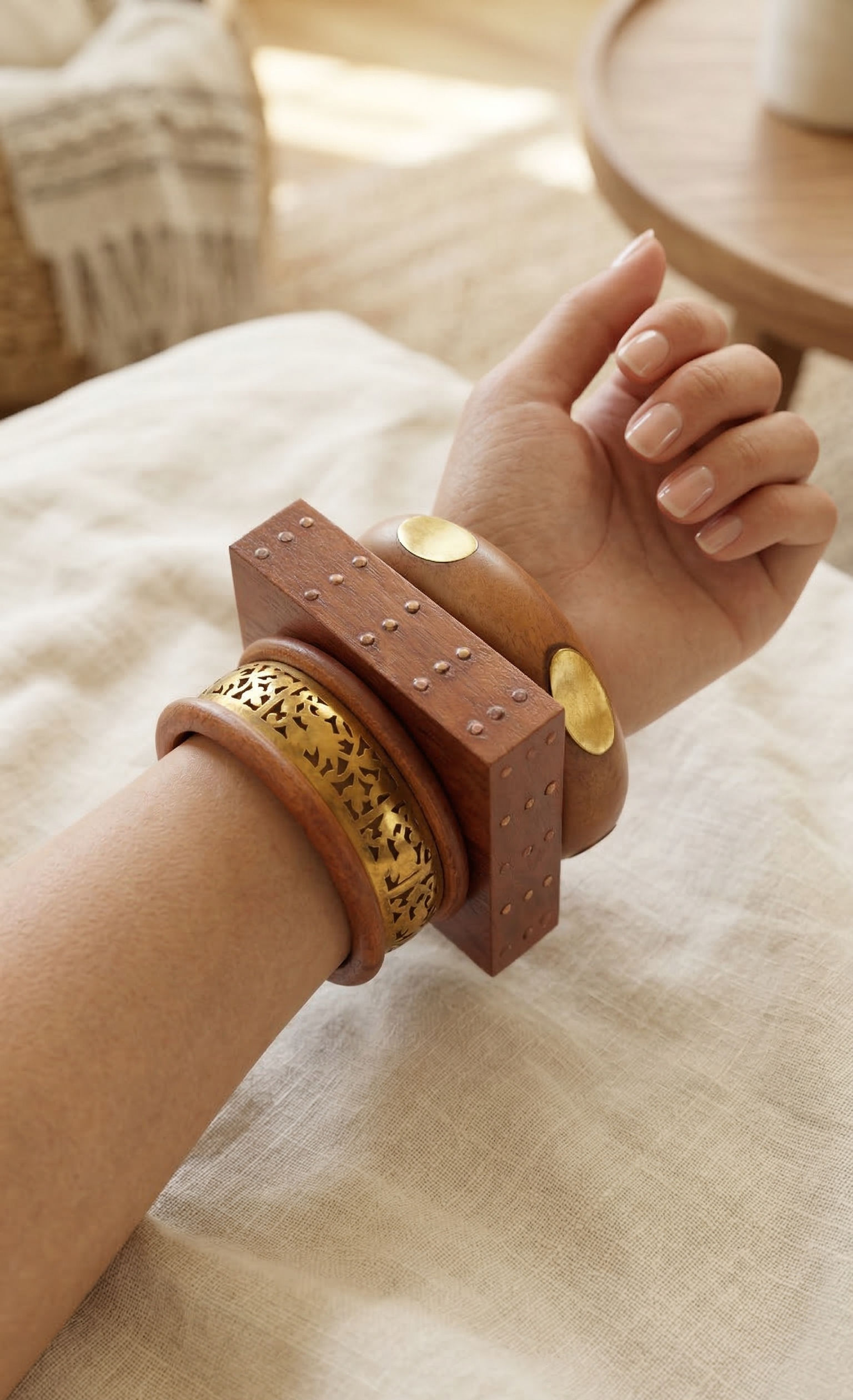 Golden Oval Accent Wooden Bangle