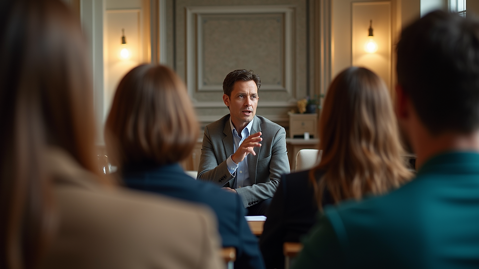 Eye-level view of a person speaking passionately in a group setting
