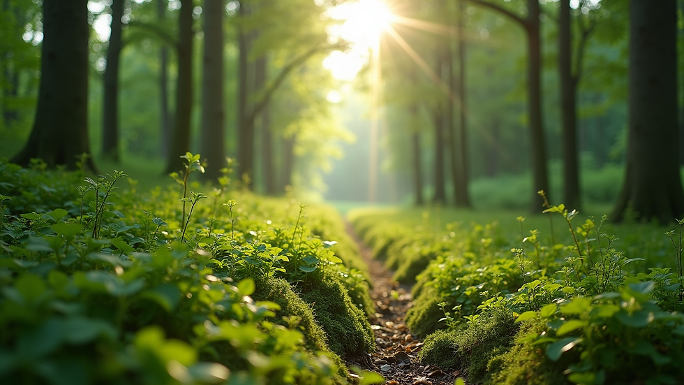Eye-level view of a lush green forest with sunlight filtering through the trees