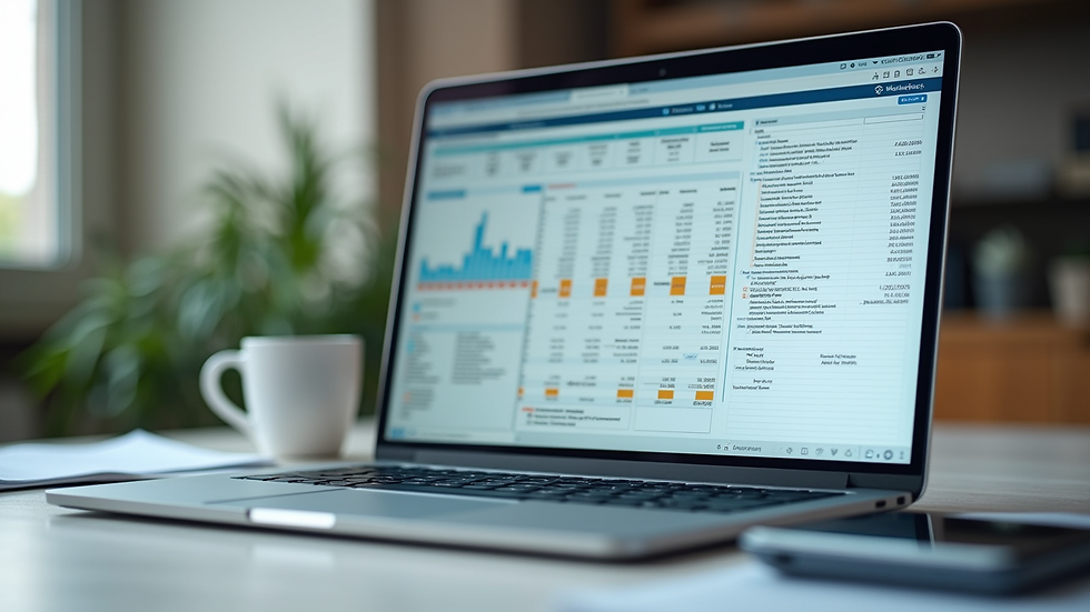 Close-up view of a laptop screen showing financial spreadsheets and tax forms