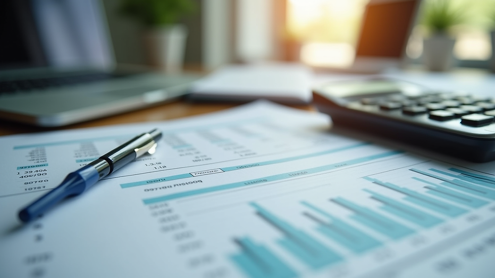 Eye-level view of a neat office desk with financial documents and a calculator