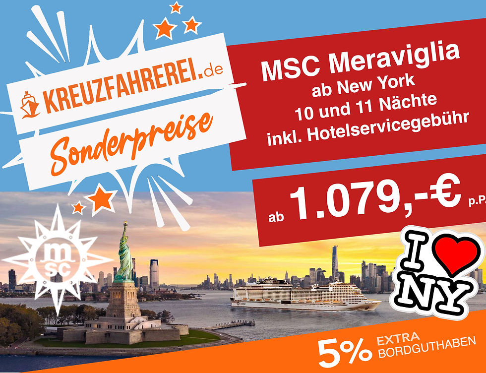 MSC Cruises Meraviglia Kreuzfahrt zum Sonderpreis ab New York USA mit Bordguthaben Bonus Cashback