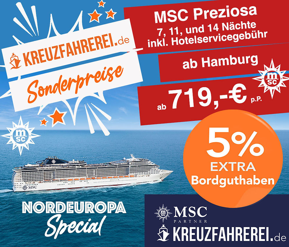 MSC Cruises Nordeuropa Special bei der KREUZFAHREREI mit Bordguthaben Bonus Cashback sichern