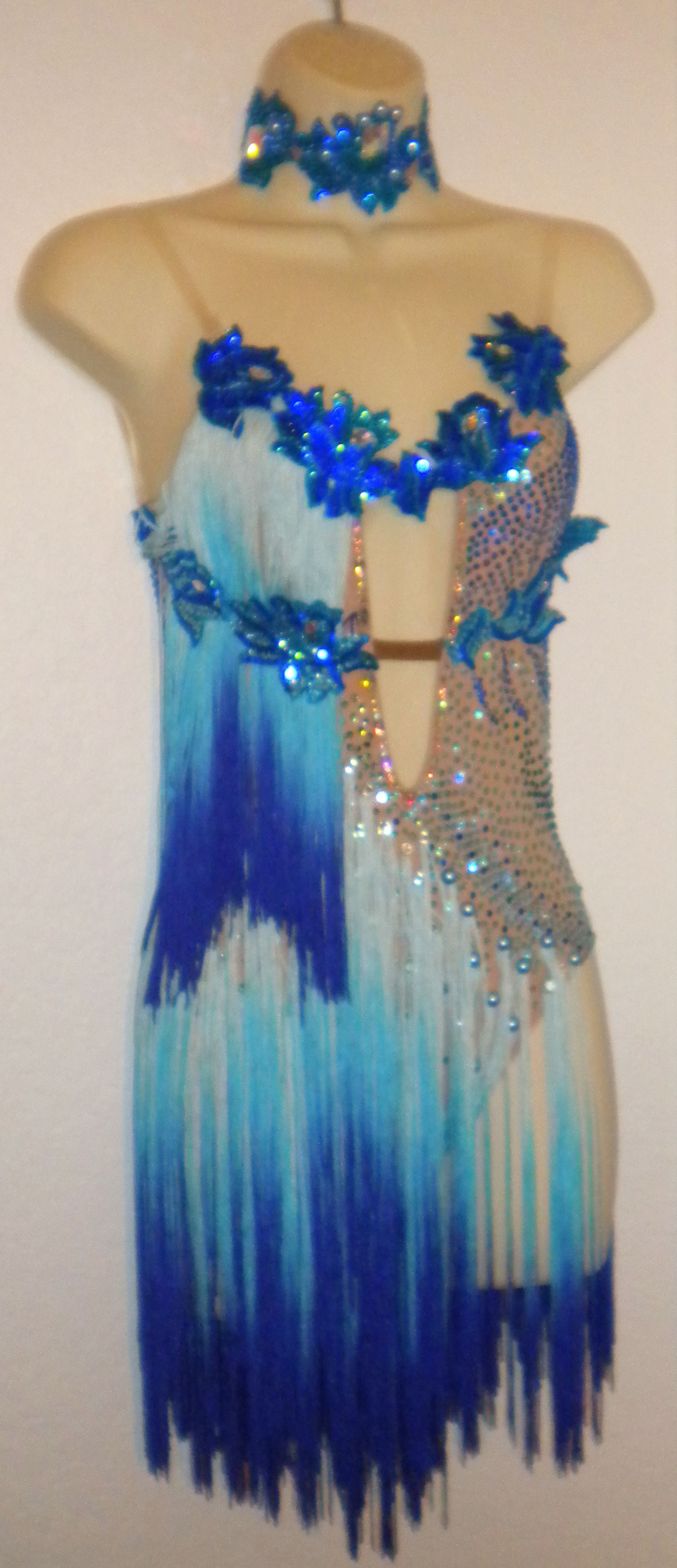 Ballroom Salsa Dress with Blue Fringes