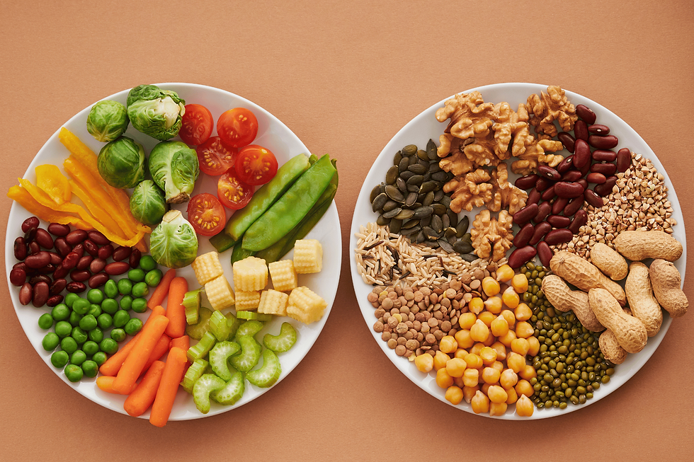 protein and fiber, tomatoes, brussel sprouts, peppers, beans, celery, peas, nuts, seeds, chickpeas