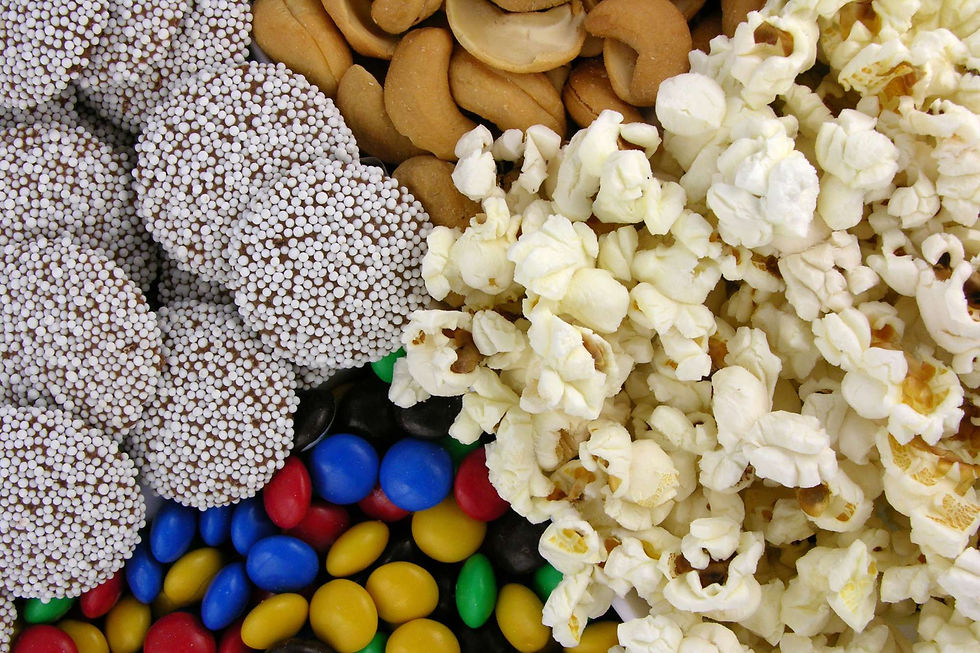 Candy, nuts and popcorn.