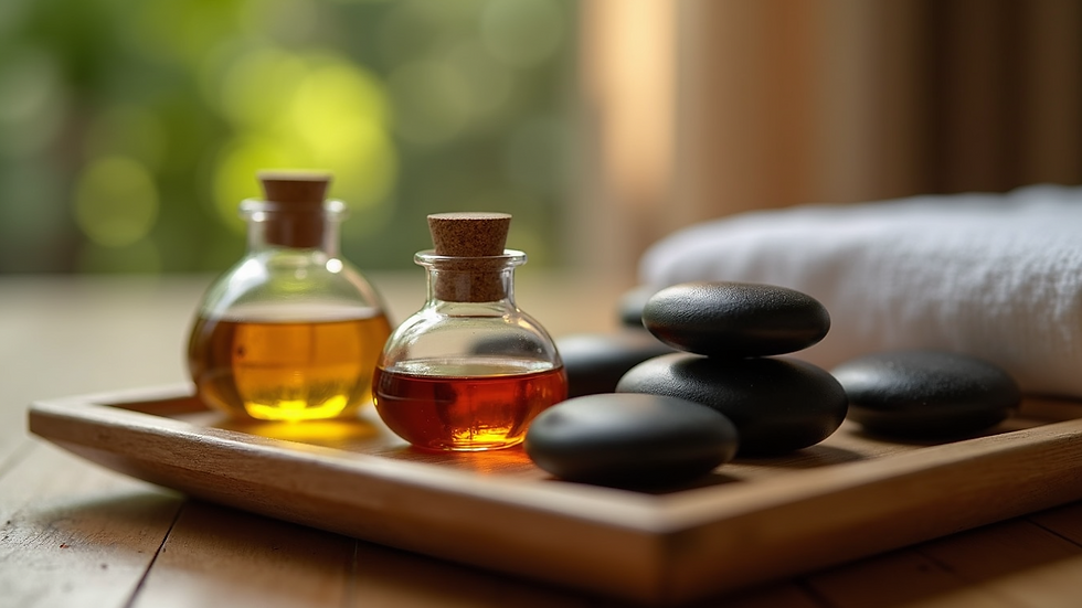 Close-up view of massage oils and hot stones arranged on a wooden tray