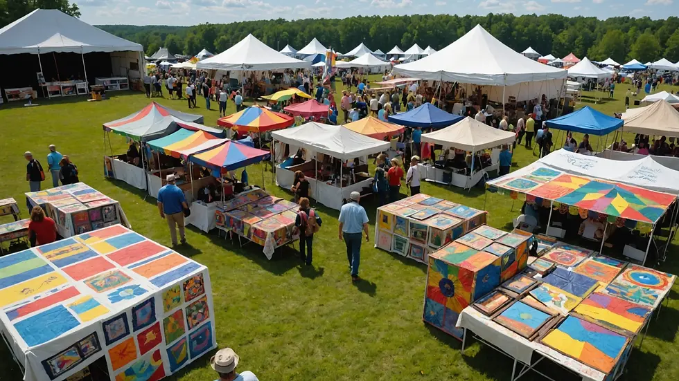 High angle view of colorful hand-crafted artworks displayed at the Pocono Folk Festival