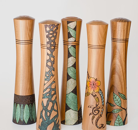 Handcrafted New Zealand Wooden Salt & Pepper Grinder Mills with art on them.