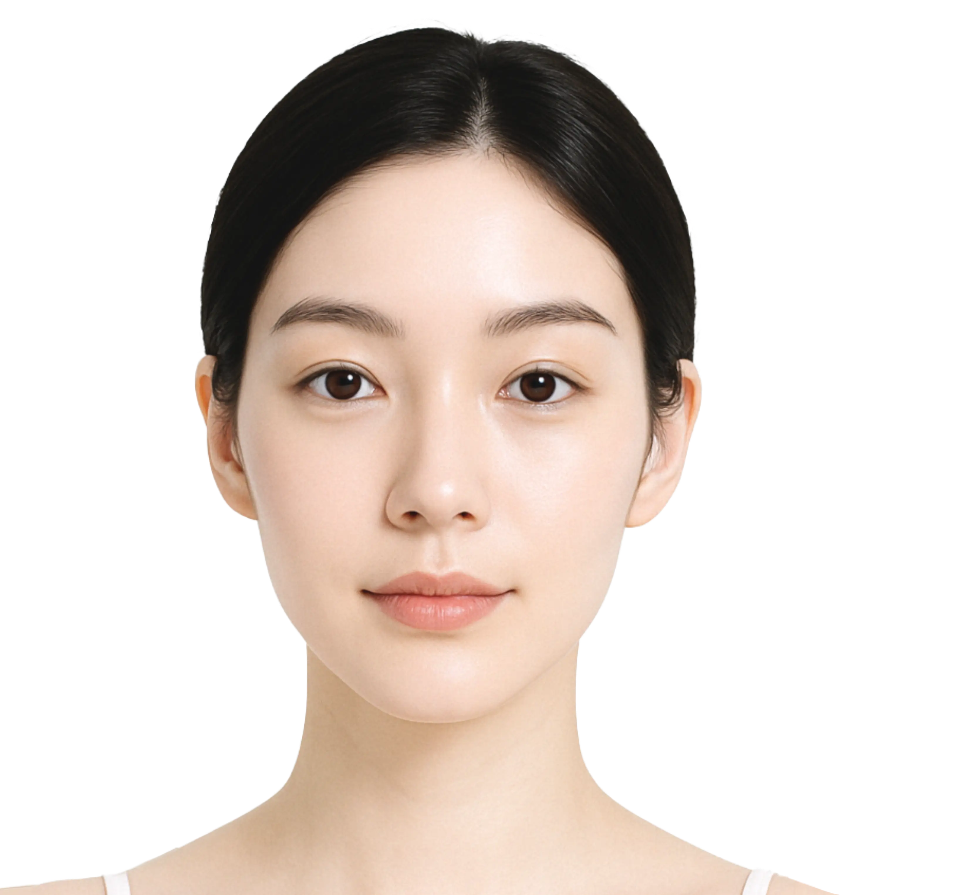 正面素顏年輕女性面部特寫，膚色均勻光滑，用於示範皮秒激光改善膚質效果。