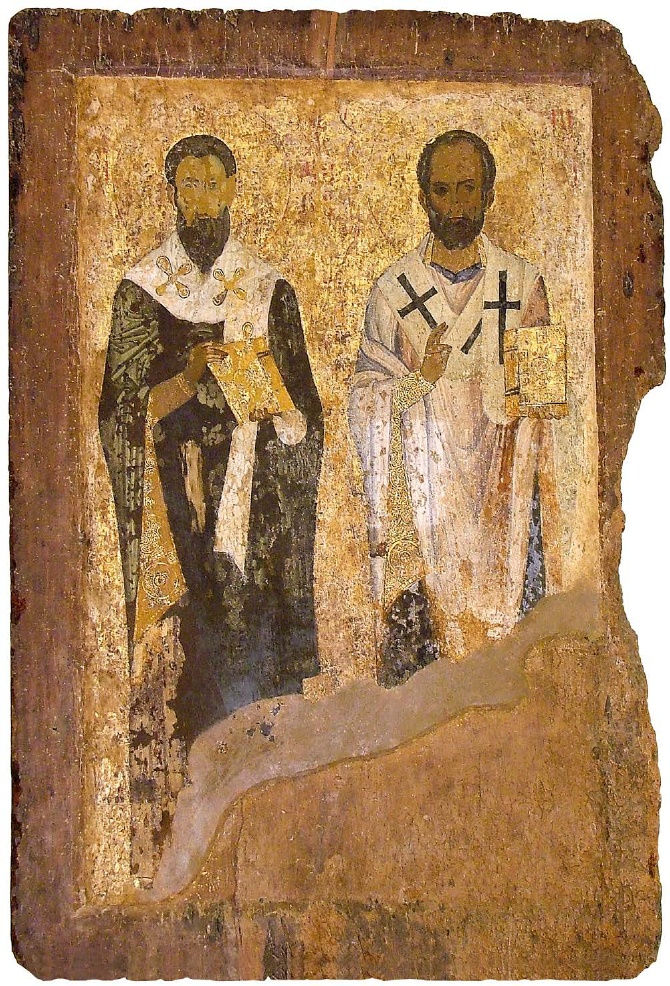 San Basilio de Cesarea, fresco bizantino (1045-1050, Iglesia de Santa María Perivleptos, Ohrid): el obispo que fundó el primer hospital a gran escala del mundo tras abrazar a los leprosos de su ciudad.