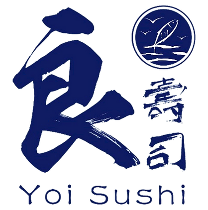 Dark blue logo with Japanese characters and Yoi Sushi.