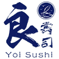 Yoi Sushi logo, blue text and design with Japanese characters Yoi Sushi