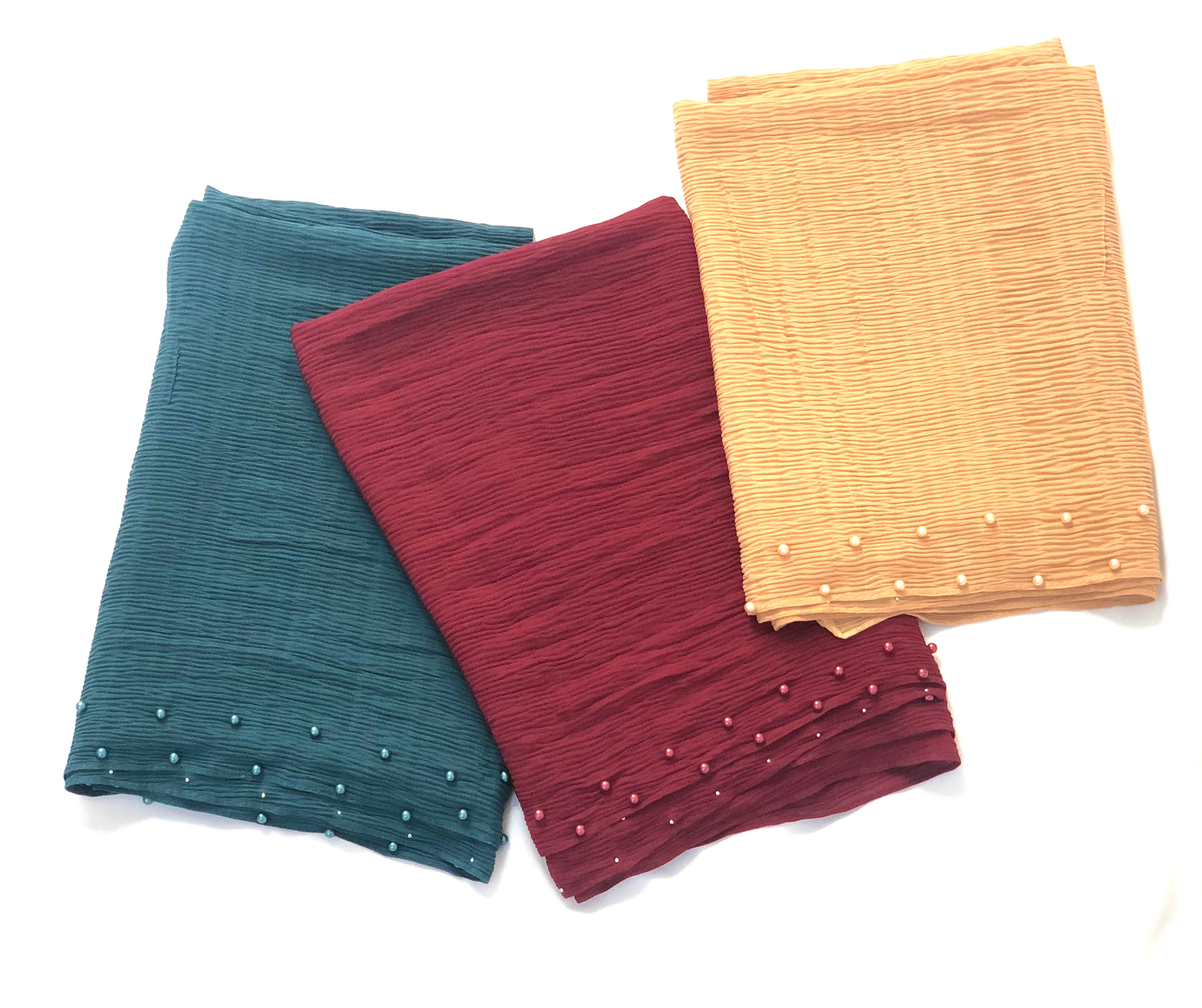 Three Set Ripple Pearl Hijab - Teal, Wine, Tan