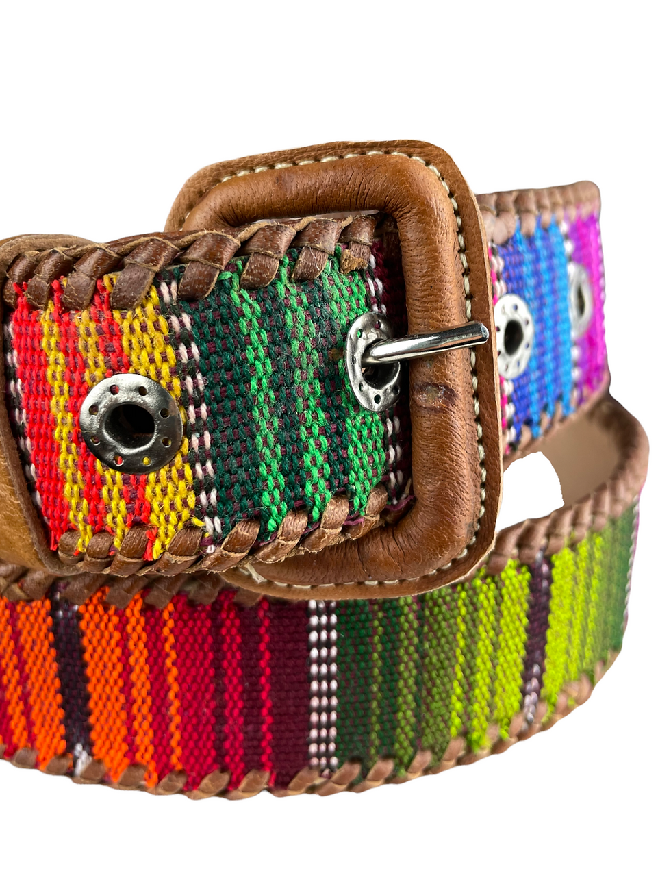 Thumbnail: Guatemalan leather belt with woven textile  Size 36"