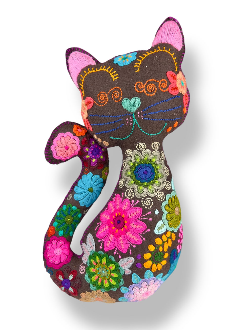 Hand embroidered Chiapas cushion, cat shape, Hand made