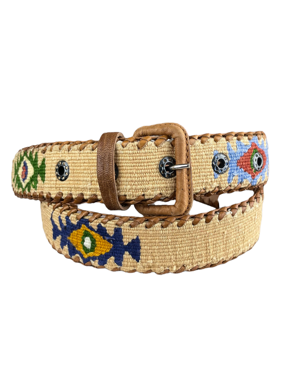 Thumbnail: Guatemalan leather belt with woven textile  Size 36"