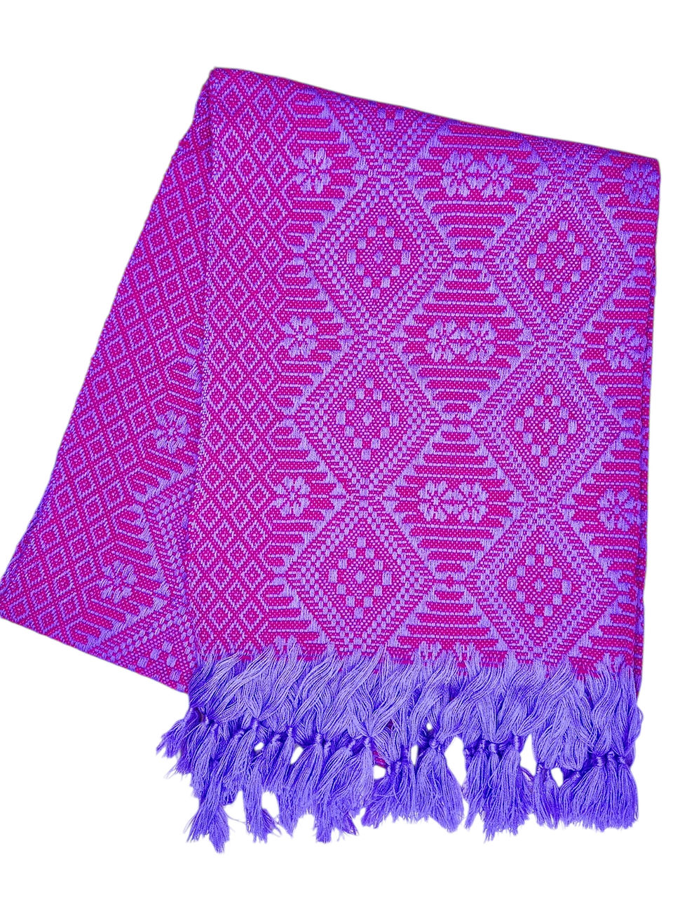 Miniaturbild: Handwoven Mexican shawl with diamond motifs and tassel details folded neatly.