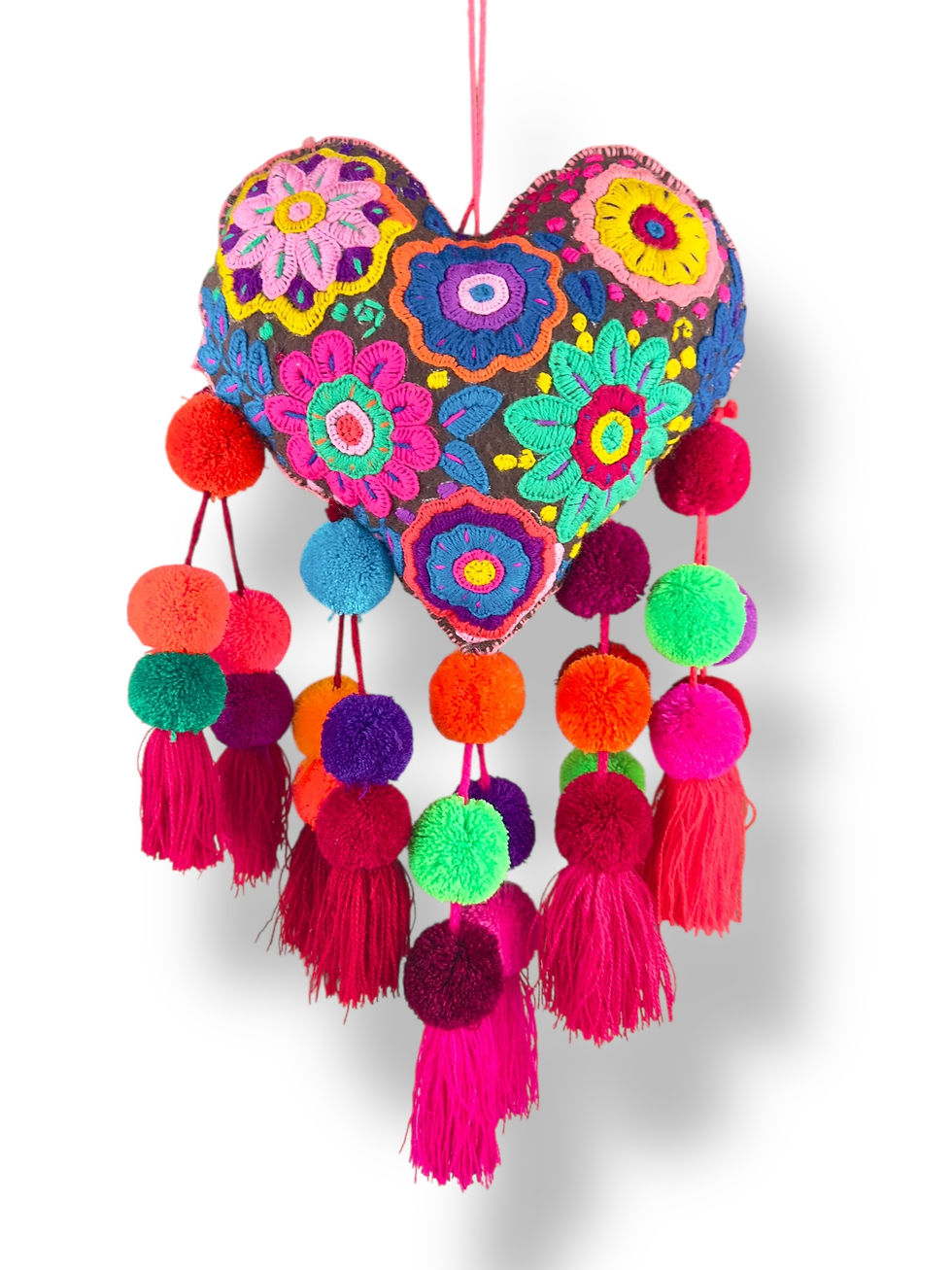 Thumbnail: Hand embroidered heart with pompoms, made in Mexico, hand made
