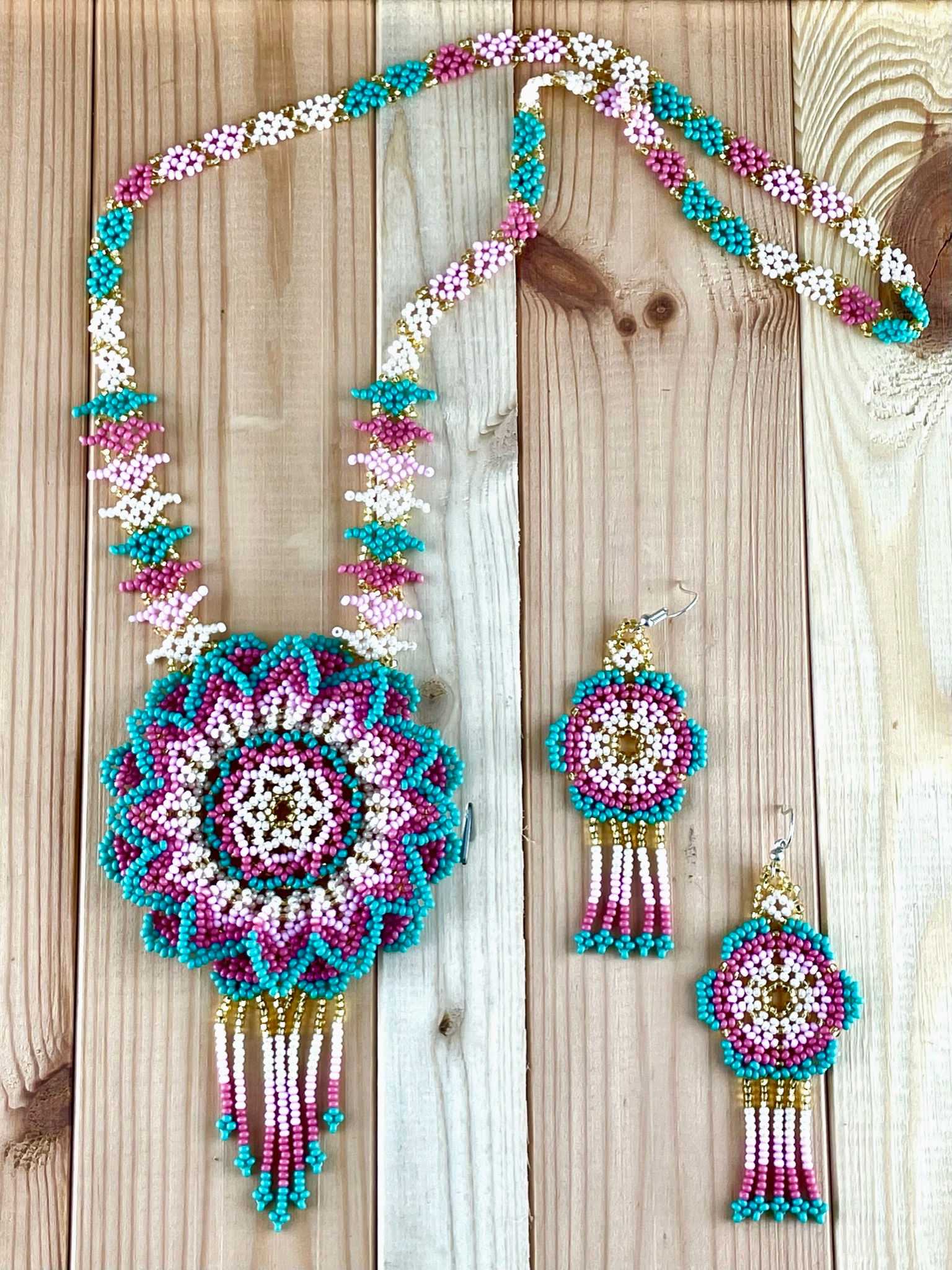 Mandala Blume - Huichol Halskette und Ohrringe Set