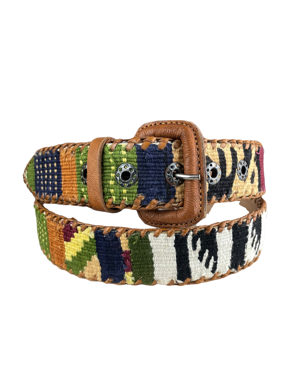 Thumbnail: Guatemalan leather belt with woven textile  Size 36"