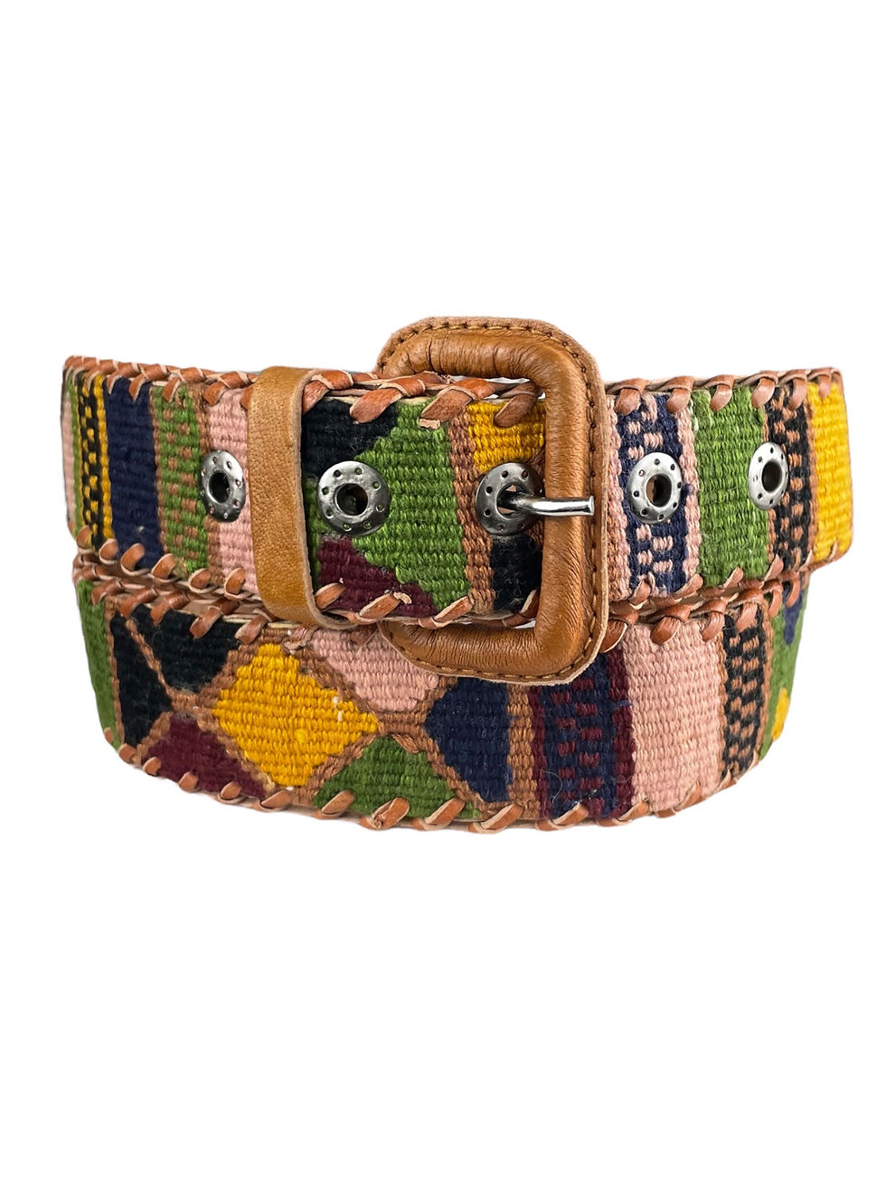Thumbnail: Guatemalan leather belt with woven textile  Size 32"