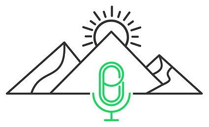 The Travel Podcast Agency logo. Line drawing of mountains, a sun and a microphone.