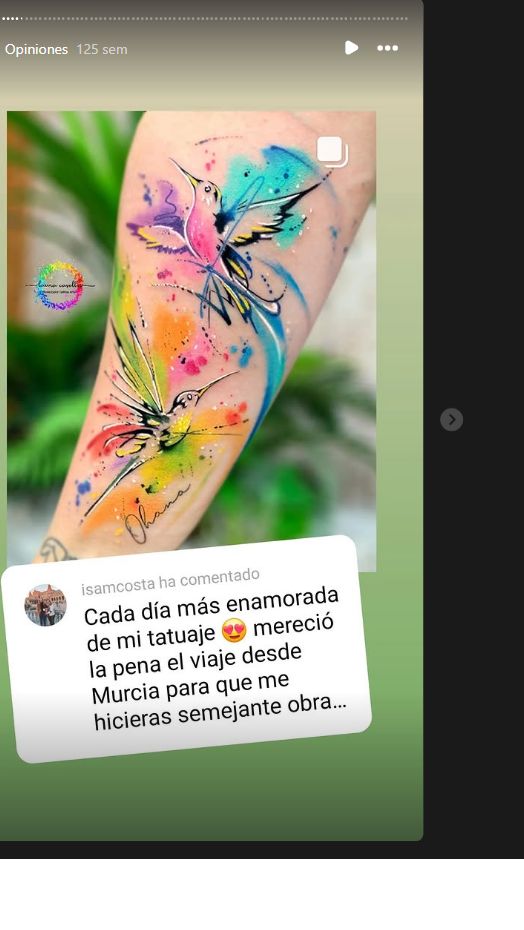 Story original con dos colibríes de acuarela y el comentario sobre la satisfacción con el tatuaje