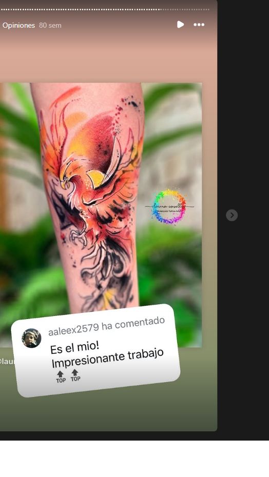 Story original con un tatuaje de fénix rojo y naranja y el comentario Es el mio, Impresionante trabajo